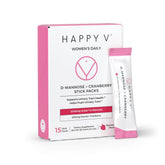 Happy V D-Mannose + Cranberry stick-pack frontal, apoyo urinario saludable.