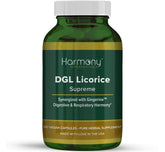Harmony Nutraceuticals DGL Regaliz Supremo, botella frontal, soporte digestivo suave.