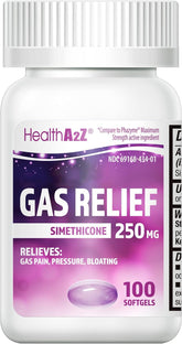 HealthA2Z Gas Relief: frasco de cápsulas blandas para alivio rápido de gases.
