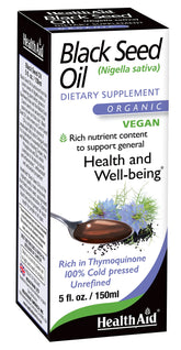 HealthAid aceite semilla negra en botella, tono ámbar, ideal para bienestar diario.