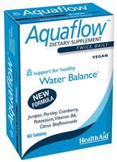 HealthAid Aquaflow tabletas, frasco frontal para equilibrio de fluidos.