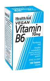 HealthAid Vitamina B6, caja frontal, ideal para uso diario y almacenamiento cómodo.