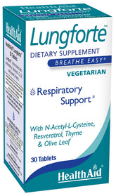 HealthAid LungForte: botella de tabletas para uso diario de apoyo respiratorio.