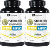 Healthfare Psyllium Husk Capsules en botella, promueven fibra diaria para apoyo digestivo.