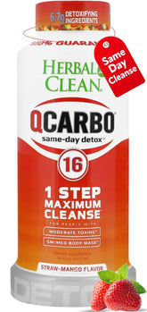Herbal Clean Qcarbo16, botella frente, sabor fresa mango para una experiencia de detox suave