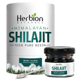 HERBION Shilajit Resina Himalaya: bote de vidrio con cuchara, dosis para energía diaria.
