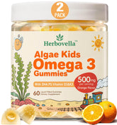 Gomitas Herbovella omega-3 para niños, frente del envase doble, apoyo diario para la atención.