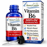 HoneyCombs Vitamina B6 en gotas: botella goteando para energía y enfoque.