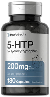 Horbäach 5HTP 200 mg – cápsulas en botella para uso diario.