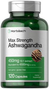 Horbäach Ashwagandha: cápsulas en botella, uso diario práctico.
