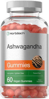 Gomitas Horbäach ashwagandha envase, consumo diario, sabor tropical.