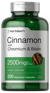 Horbaach canela con cromo y biotina en botella, suplemento vegetariano de alta pureza.