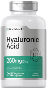 Horbäach ácido hialurónico, bote de cápsulas, apoyo para la hidratación diaria de la piel.