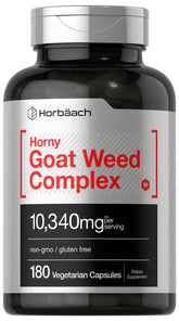 Horbaach Horny Goat Weed Complex - botella con cápsulas para apoyo herbal diario.