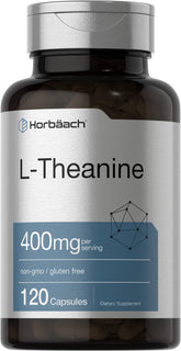 Horbaach L-Theanine Suplemento, botella frontal, posible apoyo a relajación y enfoque