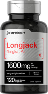 Horbäach Longjack Tongkat Ali: cápsulas en frasco frontal para uso diario.