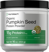 Horbaach proteína de semilla de calabaza sin sabor en frasco, ideal para batidos proteicos.