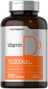 Horbaach Vitamina D3 10000 UI en botella, cápsulas de liberación rápida para uso diario.