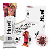 Barra Huel vegana con chocolate amargo y frambuesa, merienda deliciosa y nutritiva.