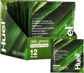 Huel Daily Greens, bote con ingredientes clave para nutrición diaria.