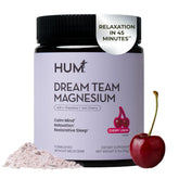 Hum Dream Team polvo de magnesio en contenedor para relajación.