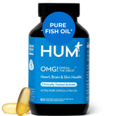 Hum OMG Omega The Great, botella frontal, sugiere ingesta diaria de omega-3 para bienestar.