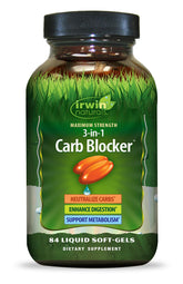 Frasco de Irwin Naturals 3 en 1 bloqueador de carbohidratos en primer plano.