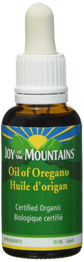 Joy of the Mountains Aceite de Orégano, botella, suplemento diario posible.