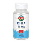 KAL DHEA tabletas vegetariana de 25 mg, frente de la caja, posible apoyo al bienestar diario.