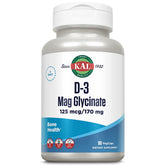 KAL Vitamina D3 y glicinato de magnesio, frasco visible, apoyo potencial para absorción.