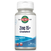 KAL Zinc 15+ en botella con etiqueta, ideal para dosis diarias.