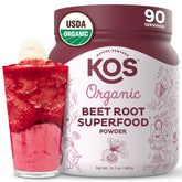 KOS Polvo de remolacha orgánico en botella, color natural para batidos energizantes.