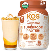 Kos Proteína Vegana en bote, sabor caramelo salado, ideal para desayunos completos.