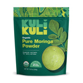 Kuli Kuli Moringa polvo orgánico verde, ideal para batidos antioxidantes.