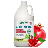 Land Art Jugo puro de aloe vera con granada, botella visible para hidratación diaria.