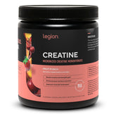 LEGION Creatina micronizada en bote, sabor Fruta Punch, favorece recuperación y rendimiento.