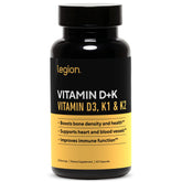 LEGION Vitamina D3 K2, botella con etiqueta clara para la dosis diaria