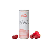 Bebida LEILO Kava en lata con frambuesa e hibisco, relajación sin alcohol.