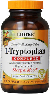 Lidtke L-triptofano Complete, botella en primer plano, posible apoyo al equilibrio diario.