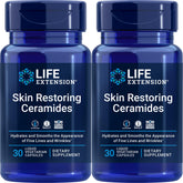Life Extension ceramidas restauradoras de piel, imagen frontal, cápsulas líquidas para hidratación diaria.