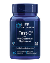 Life Extension Fast-C® y Bio-Quercetin® en botella, presentación limpia para tu rutina de bienestar.