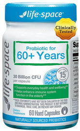 Life-Space Probiotic 60+ en botella, apoyo digestivo suave.