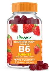 Lifeable gomitas de vitamina B6: botella visible, apoyo nervioso diario.