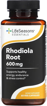LifeSeasons Rhodiola Root 600mg: bote en mesa para energía sostenida y enfoque