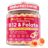 Gomitas Lilicare B12 metilado y L-metilfolato en botella, posible impulso de energía.