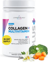 Livingood Daily vanilla collagen powder tub ready for a morning coffee ritual to support skin and hair