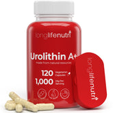 LongLifeNutri Urolithin A+ en botella, fuente de energía diaria y bienestar celular.