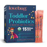Lovebug Kids Probiotic Powder sin sabor, mezcla fácil para apoyo digestivo.