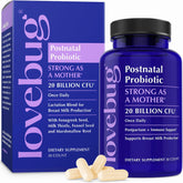 LOVEBUG Postnatal Probiotics, bote de cápsulas, apoyo para la salud digestiva posparto.