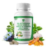 Cápsulas Lukaree de aceite de orégano en botella para consumo diario.